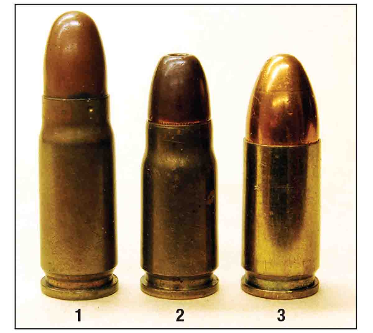 The 7.65mm Borchardt (1) was shortened to 7.65mm Parabellum or 30 Luger (2) to fit the new Luger magazine and grip frame. A 9x19mm Luger  (3) is shown for comparison.